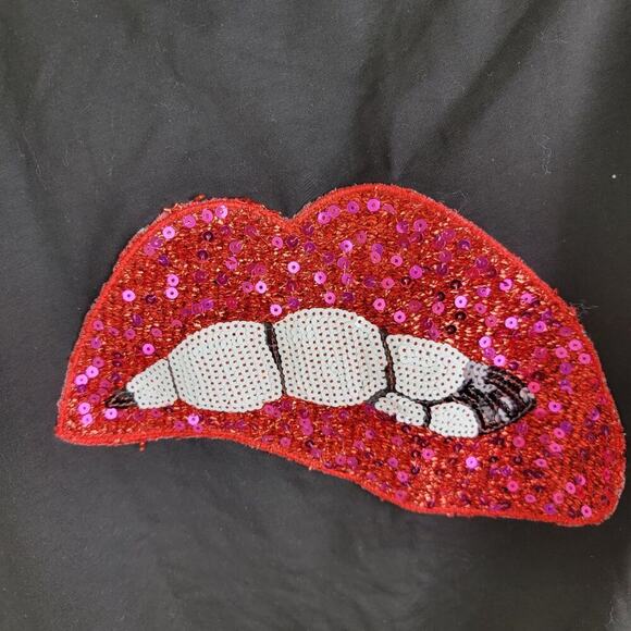 Off The Shoulder Blouse size M Black Sequins Bite Lips Never with Teeth - Picture 3 of 9